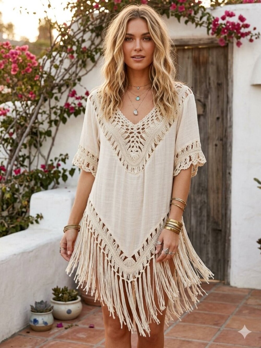 Vivid NY Cream Boho Crochet Fringe Festival Flowy Tunic Top New M Cover Up